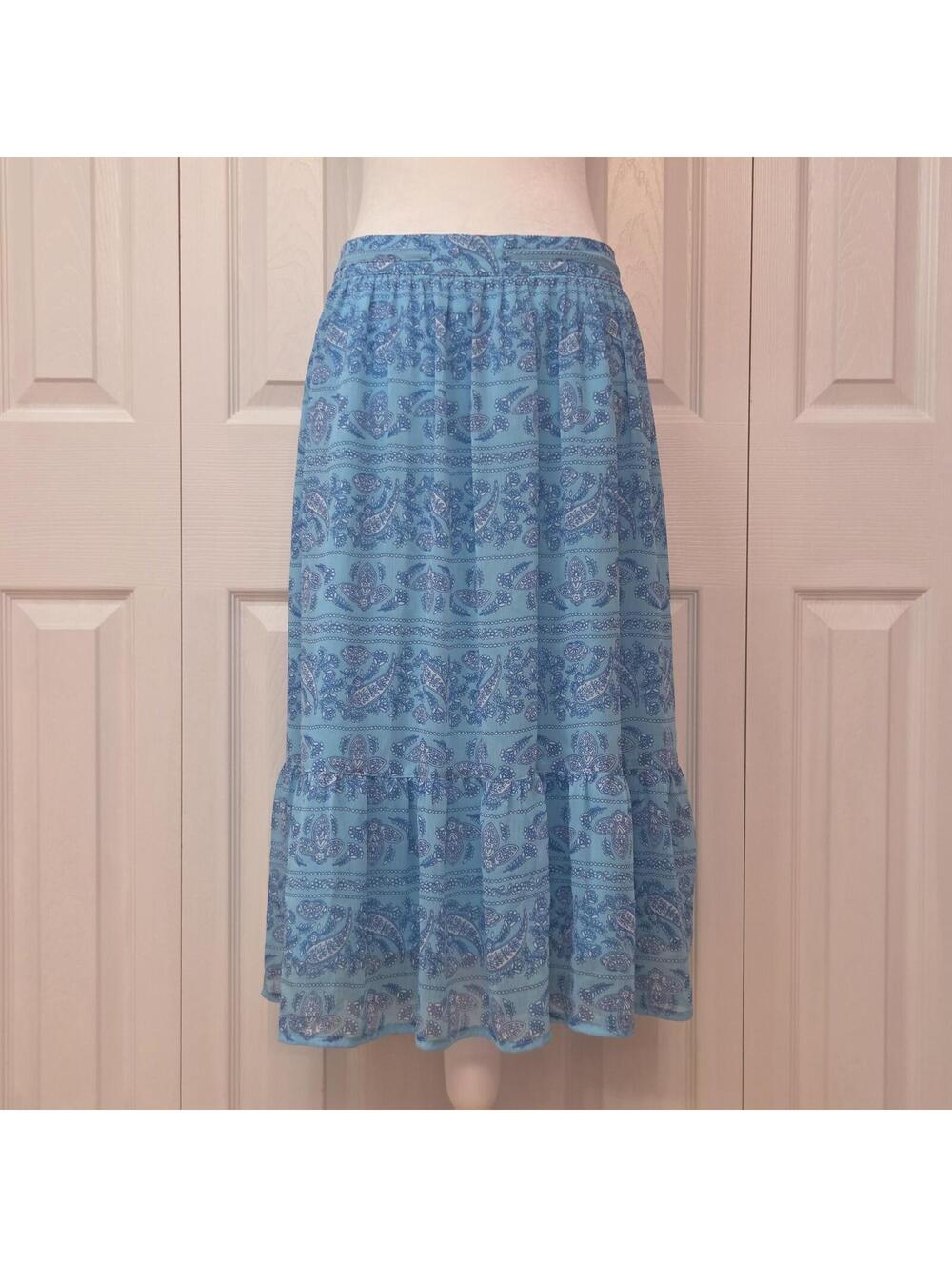 Sky Blue Mediterranean Paisley Print Midi Skirt Size 14/16 Y2K Boho Beach Tiered